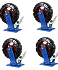 Heavy Duty Swivel Casters With Tight 360 Turn And 10 Or 12 Inch Wear Resistant Nylon Wheels Roll Smooth And Crush Weight Solid One Ton Load Bearing Universal Cart Wheel Sets Of Four Pack, showing a set of four casters with blue bases.