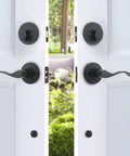 Double Door Handle Set With Dummy And Keyed Entry In Matte Black, Exterior Door Hardware With Wave Lever, shown on white doors