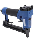 Heavy Duty Pneumatic Brad Nailer With Aluminum Alloy Build And Anti Jam Nozzle For Smooth One Hand Operation and Reliable Fastening Power On Carpentry Jobs - Side view showing black grip and blue body.