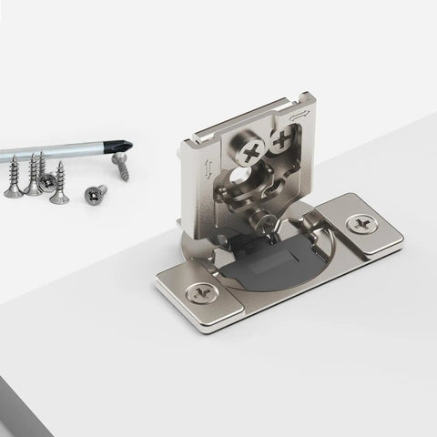 Tough As Nails Soft Close Cabinet Hinges 30 Pack Half Overlay Concealed Door Hardware Adjustable Brushed Nickel Fittings close-up view with screws.