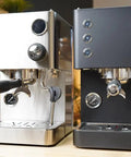Top Tier Dual Boiler Espresso Maker With Smart Thermoblock And Precise PID Temp Control, glossy stainless steel and black designs.