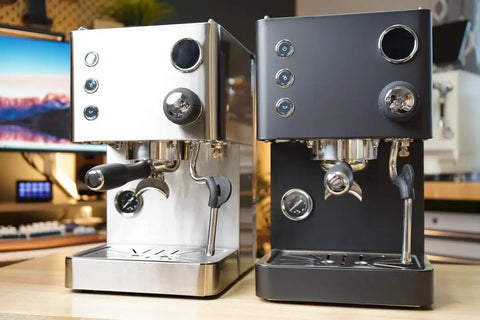 Top Tier Dual Boiler Espresso Maker With Smart Thermoblock And Precise PID Temp Control, glossy stainless steel and black designs.
