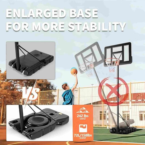 Backyard Portable Adjustable Basketball Hoop System for Indoor Outdoor Play shown with enlarged fillable base for stability