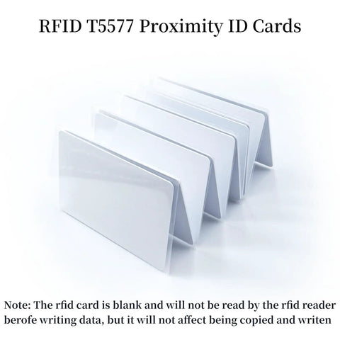 10 Pack Writable 125kHz T5577 RFID Cards Blank White Proximity Badges For Easy Access Control No Hassle Compatibility With 1386 1326 H10301 Format Readers And Writers Great For RFID Access Employee IDs School IDs Gate Entry displayed in fanned arrangement