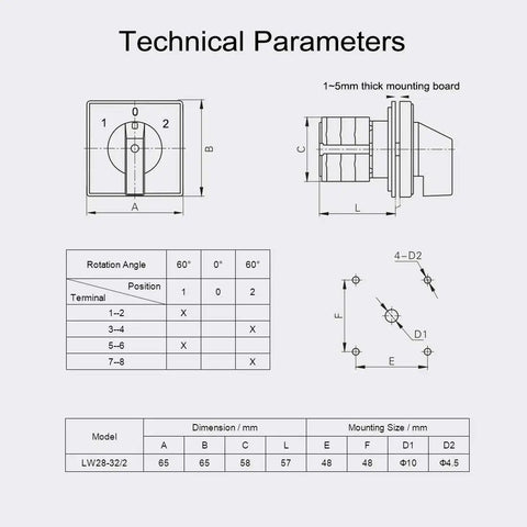 Technical diagram of LW28-32 Changeover Switch 3 Position 8 Terminal Universal Rotary Cam Selector Latching Switch 690V 32A