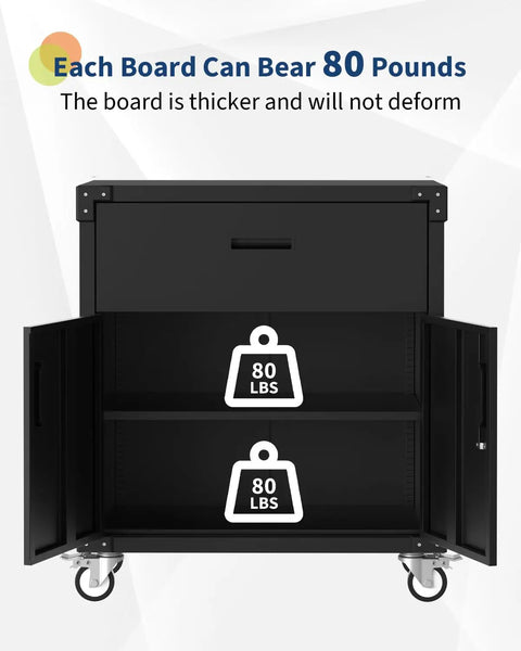 Rolling Tool Cabinet With Drawer For Garage And Workshop, Workhorse Heavy Duty Metal Storage On Wheels, Adjustable Shelves And Locks, Rust Resistant, Warehouse Grade Black Finish, open doors and 80 lb shelves