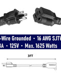 Two Pack 3 Foot Outdoor Extension Cord 16 AWG SJTW Heavy Duty Power Cable 3 Prong NEMA 5-15P To NEMA 5-15R