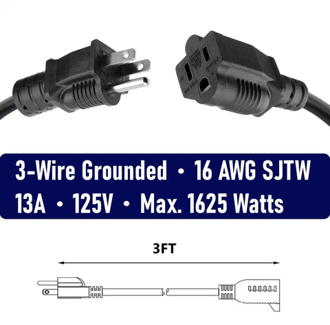 Two Pack 3 Foot Outdoor Extension Cord 16 AWG SJTW Heavy Duty Power Cable 3 Prong NEMA 5-15P To NEMA 5-15R