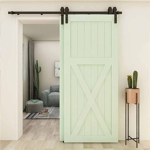 Built Tough Sliding Barn Door Hardware Kit For Double Doors Bypass Rail System With Monorail Track installed in living room.
