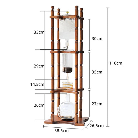 Dope Slow Drip Cold Brew Coffee Tower With Adjustable Dripper And Spacious 3000Ml Glass Jug, wood stand, 110cm tall.