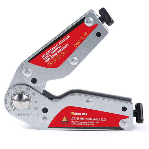 Heavy Duty Adjustable Angling Welding Magnet With Dual On Off Switches And 15 To 210 Degree Scale Lockable With Hex Wrench Neodymium Clamp Delivers 110 Lb Per Side Holding Power For Precise Fabrication WM11 M, showing angle scale and switches