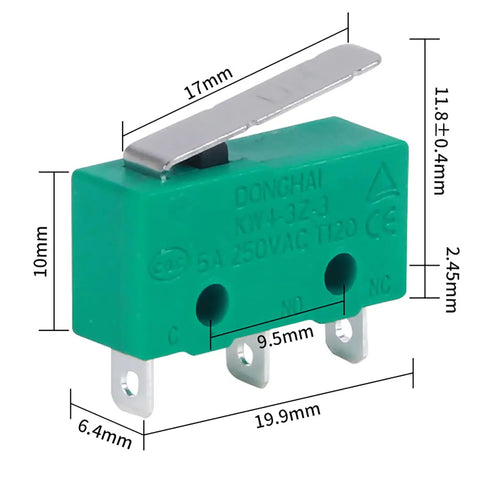 KW4 3Z 3 Miniature Microswitch With Green IP40 Waterproof Housing Tripod Roller SPDT NO NC 5A At 250VAC Ideal For Electronic Devices Gear DIY Projects Robotics Automation Automotive And Home Appliances, green body with silver lever