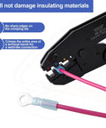 Heavy Duty Ratcheting Terminal Crimper For AWG 22 To 10 Gauge Wire Built Tough With Precision Steel Jaws crimping a pink wire.