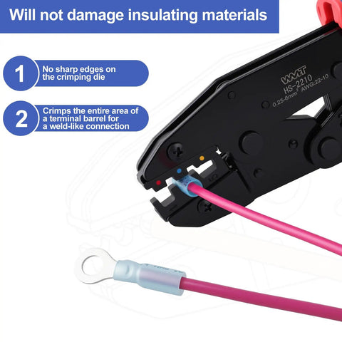 Heavy Duty Ratcheting Terminal Crimper For AWG 22 To 10 Gauge Wire Built Tough With Precision Steel Jaws crimping a pink wire.