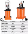 Heavy Duty Pneumatic Grease Pump Delivers Ultra High Pressure 50 To 1 Flow Through Tough As Nails Aluminum Grease Gun built for fast lubrication showing 12L and 40L models.