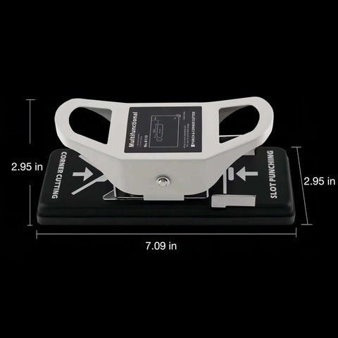Front view of 2-In-1 Slot Hole Punch For Paper And PVC Cards - Heavy Duty All Metal Corner Rounding And Slot Punch Tool With measurements shown