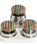 Dope Espresso Coffee Tamper Set With Self Leveling Distributor And Wdt Tool For Dead On Puck Prep Calibrated 58 Mm Pro Grade Tamper With Silicone Mat on white stand.