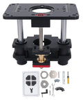 Built Tough Router Lift Table Featuring No Hassle Stainless Steel Clamps And Quick Height Adjustments For Fine Woodworking On 25 To 50Mm Surfaces Holds Up To 69Mm Bits with assembly tools and parts.