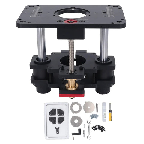 Built Tough Router Lift Table Featuring No Hassle Stainless Steel Clamps And Quick Height Adjustments For Fine Woodworking On 25 To 50Mm Surfaces Holds Up To 69Mm Bits with assembly tools and parts.