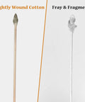 Double-ended cotton swab on wooden stick; left shows tightly wound tip, right displays frayed tip.
