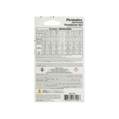 Back view of packaging for Red High Strength Thread Locker.20 Oz Quick Drying Adhesive For Metal Plastic And Composite Fasteners