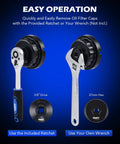 Premium Oil Filter Wrench Set Featuring 3 8 Inch Drive Low Profile Sockets for easy oil cap removal with ratchet.