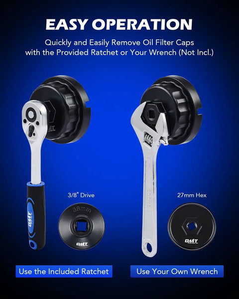 Premium Oil Filter Wrench Set Featuring 3 8 Inch Drive Low Profile Sockets for easy oil cap removal with ratchet.