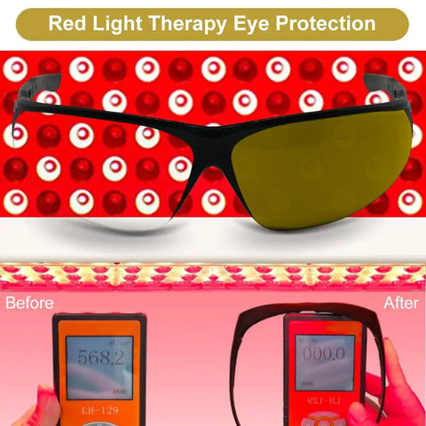Premium Red Light Therapy Glasses With Wraparound Side Shields For Superior Eye Protection During Tanning And Laser Hair Removal Sessions That Straight Up Hits Different on a display with measuring devices.