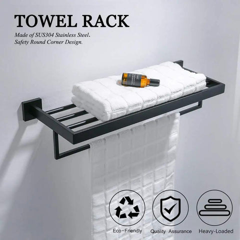 Square Towel Rack With Single Bar Wall Mount Shelf Rustproof Stainless Steel In Matte Black Finish Easy Install Bathroom Organizer