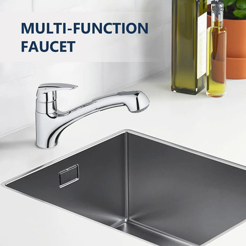 Heavy Duty Pull Out Spray Wand Replacement For Kitchen Faucets With Slick Super Steel Finish RustProof Construction in a modern kitchen sink.