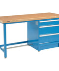 Heavy Duty 72 Inch Modular Workbench With Three Spacious Storage Drawers Tough As Nails Welded Steel Frame Center Lock Shop Ready Garage Workhorse Full Extension Rails Blue Finish with wooden top.