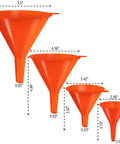 Orange Four Pack Plastic Oil Funnel Set For Auto And Kitchen Use With Shielded Tube Wide Mouth For Easy Pouring Car Oil Gas Lubricants.