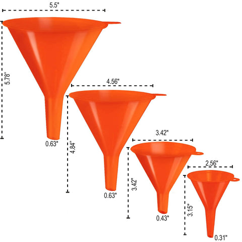 Orange Four Pack Plastic Oil Funnel Set For Auto And Kitchen Use With Shielded Tube Wide Mouth For Easy Pouring Car Oil Gas Lubricants.