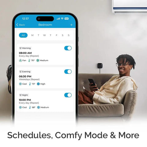 Person using smartphone app to control Smart AC Controller For Mini Split, Window, And Portable ACs And Heat Pumps, schedule view.