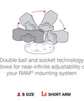 Diagram of Compact Double Socket Arm for B Size 1 Inch Ball Mount Components showing dual pivot adjustability.