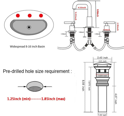 Antique Brass Two Handle Widespread Bathroom Faucet With 3 Holes And 360 Degree Swivel Spout Pop Up Drain installation diagram