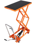 VEVOR hydraulic lift table cart, orange alloy steel, 50-in lift, non-slip pad, 4 wheels
