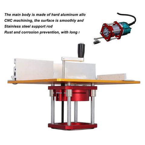 Rock Solid Router Lift System With Smooth Crank Dial features hard aluminum body and stainless steel support for woodworking.