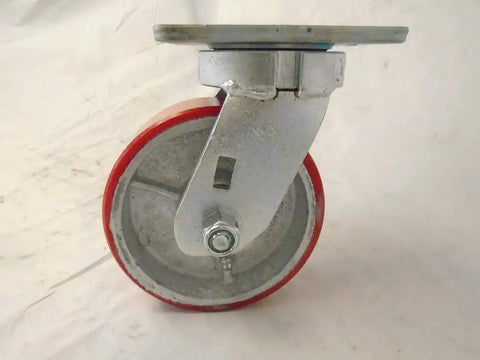 Built Tough Heavy Duty Swivel Casters With Bulletproof 5 Inch Polyurethane Wheels On Steel Core, showing red wheel and bracket.