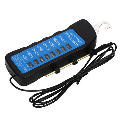 Ranch Ready Heavy Duty Electric Fence Voltage Tester Highlighting Eight Bright Neon Readings From 600 To 7000 Volts with display and probe.