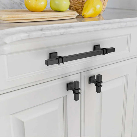 Heavy Duty Matte Black 5 Inch Cabinet Handles For Kitchen Drawers And Cupboards 10 Pack Modern Drawer Pulls on white cabinets.