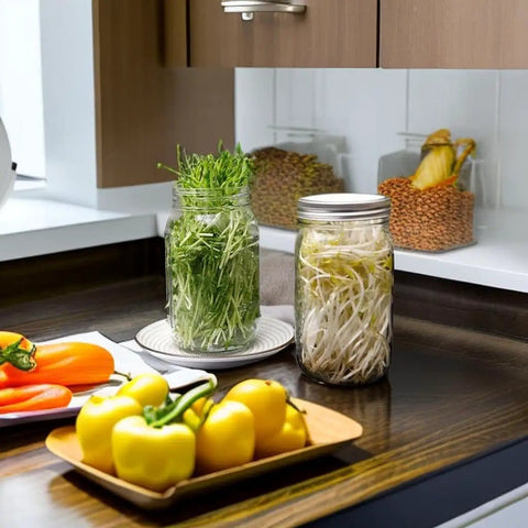 No Fuss All In One Sprouting Jar Kit With Wide Mouth Quart Mason Jars, Stainless Steel Sprout Lids on kitchen counter
