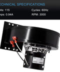 Convection Blower Replacement PU-4C442 Plug-And-Play for Englander Pellet Stoves showing technical specs and connectors.