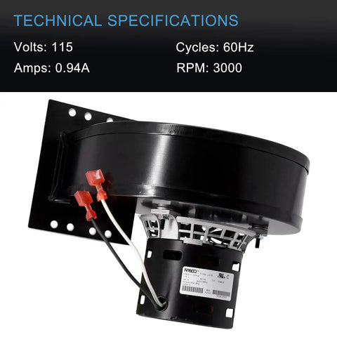 Convection Blower Replacement PU-4C442 Plug-And-Play for Englander Pellet Stoves showing technical specs and connectors.