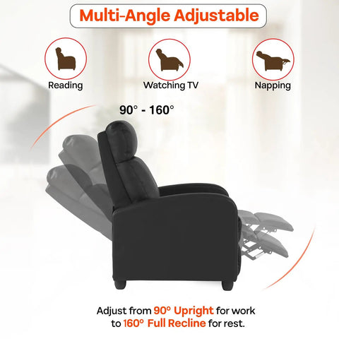 Leather Black Recliner Sofa Massage Chair With Home Theater Vibes adjustable angles for reading, watching TV, and napping