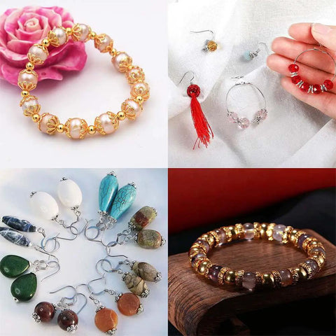 Golden Filigree Flower Bead Caps Set With 240 Pcs 12 Unique Brass Petal Ends, shown in use for various jewelry pieces like bracelets and earrings.