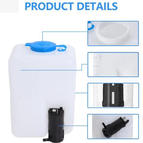 Universal Windshield Washer Pump Reservoir Kit 12V with mounted pump and blue cap details