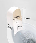Toilet Splash Guard Urine Diverter No Splash Pee Guard installed on toilet showing dimensions in white ABS plastic