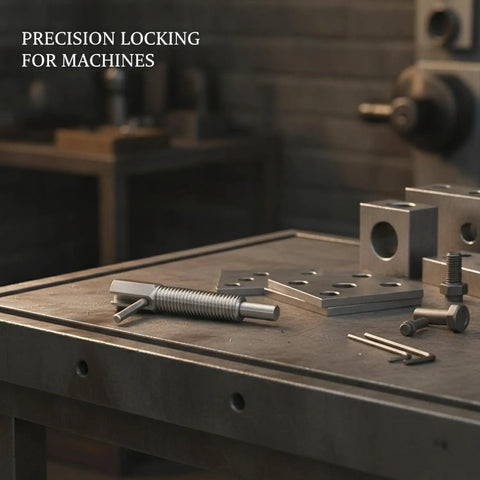 Industrial Stainless Steel Indexing Plunger Pin With Spring Loaded L Handle For Machinery Fixtures That Holds Position Dead Nuts Secure During Heavy Use on workshop table.