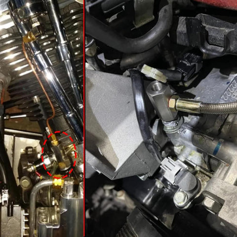 Installed view of stainless steel 1/8 NPT oil pressure sensor tee adapter with braided hose in engine bay